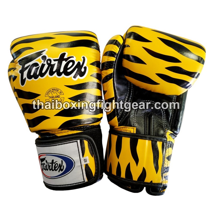 GENUINE FAIRTEX FANCY BOXING GLOVES YELLOW COLOR WITH DALMATIAN/TIGER DESIGN 
