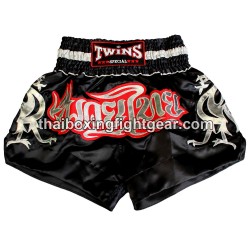 Short de boxe Thai Twins satin noir/argent | Shorts Boxe Thai